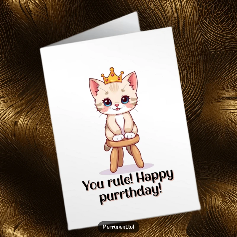 Funny Free Printable Birthday Card: A playful kitten wearing a tiny crown precariously balances on a wobbly stool, celebrating a special day.