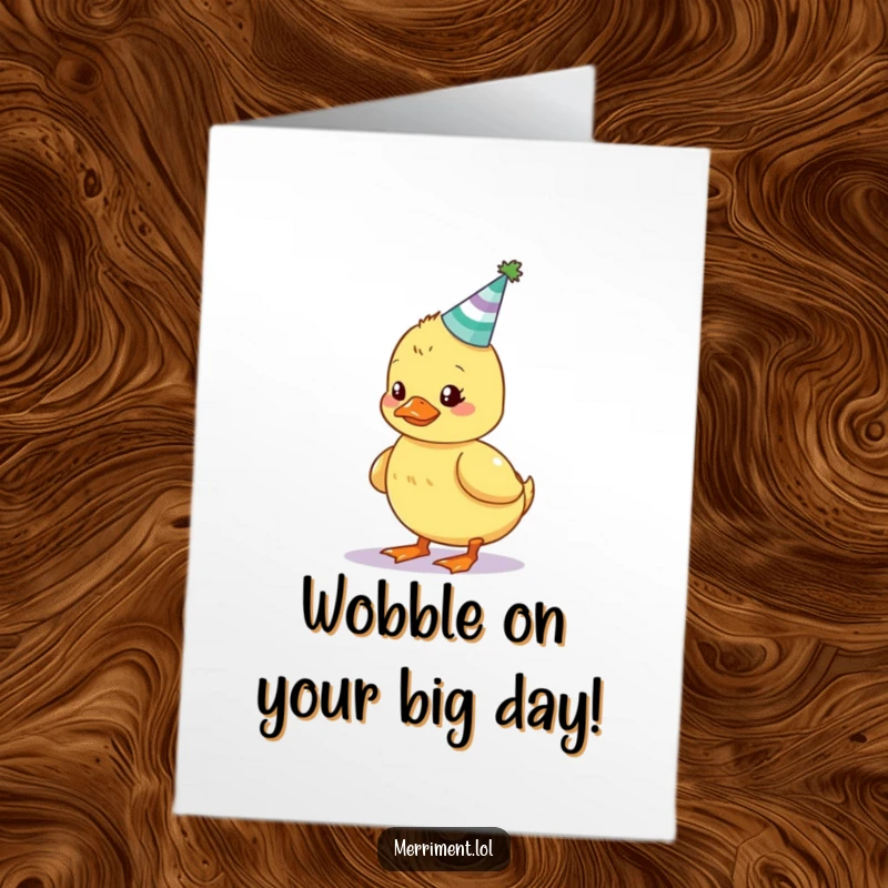 Funny free printable birthday card featuring a wobbly duckling hilariously trying to balance a tiny, glowing party hat.