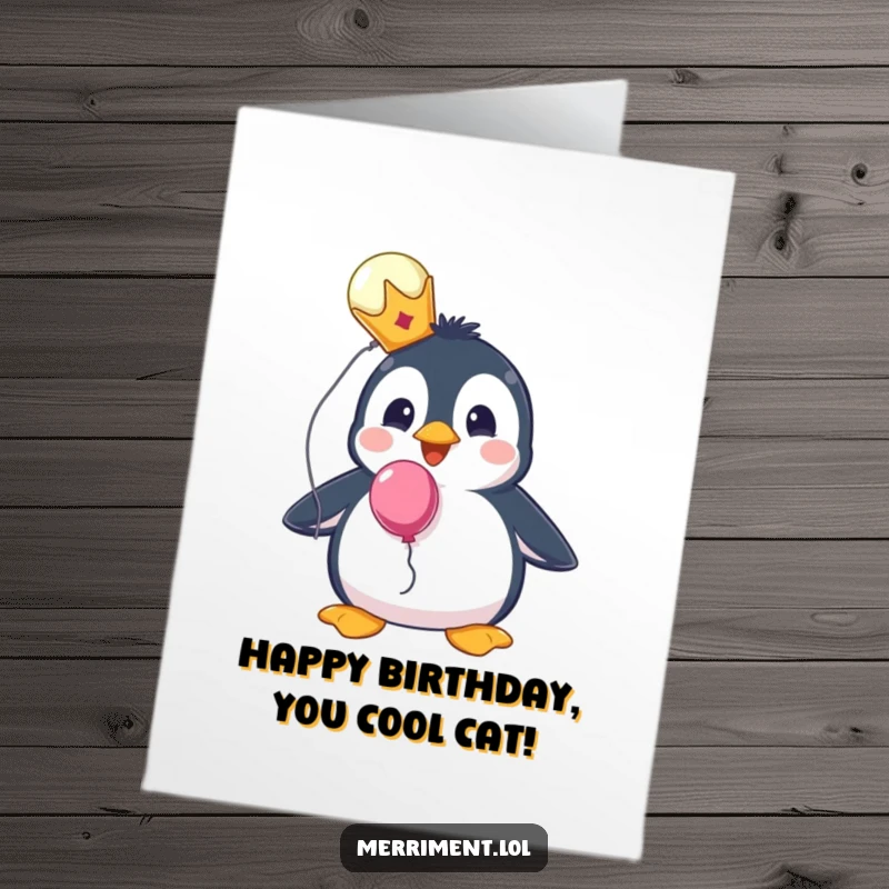 Funny free printable birthday card of a surprised penguin wearing a tiny, regal crown and holding onto a floating balloon.