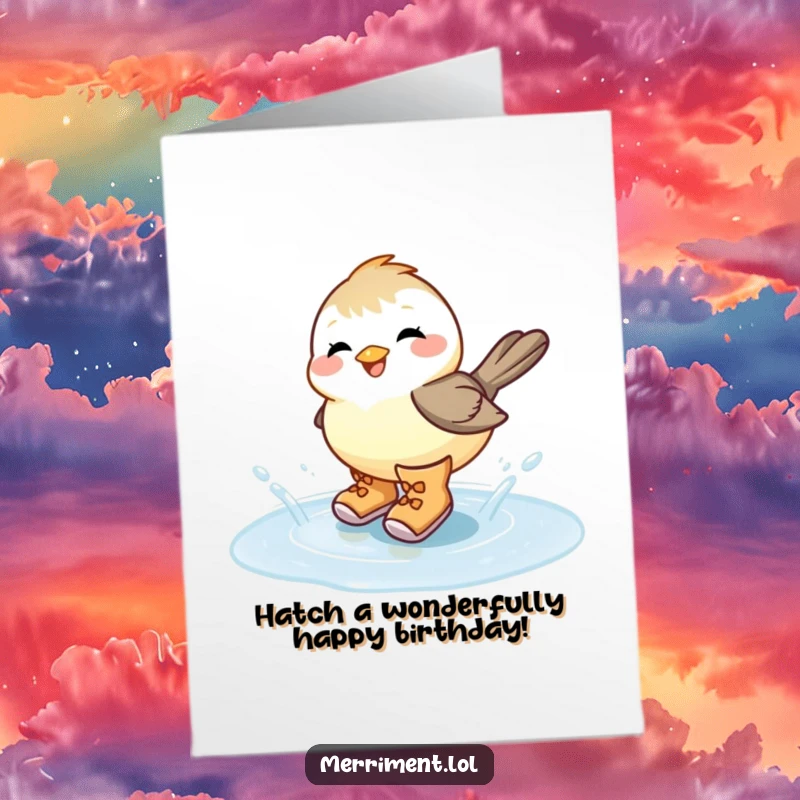 Funny Free Printable Birthday Card: Chickadee joyfully splashing in oversized boots, perfect for a humorous gift.