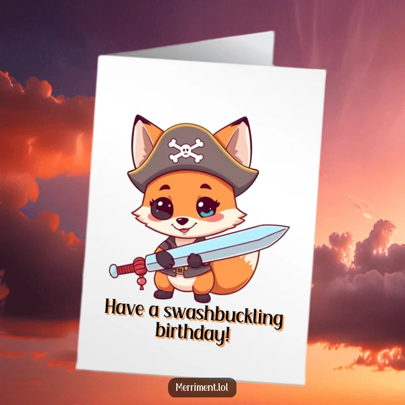 Funny Free Printable Birthday Card: A curious fox in a pirate hat wields a giant lollipop sword, ready for sweet adventure.