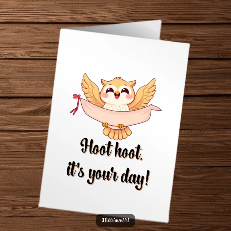 Funny Free Printable Birthday Card featuring a joyful owl flying with a festive banner, perfect for a unique gift.