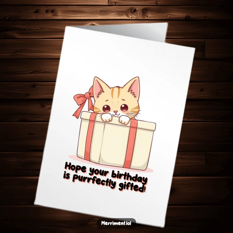 Funny Free Printable Birthday Card: Curious cat peeking from behind a large gift box. Downloadable DIY gift.