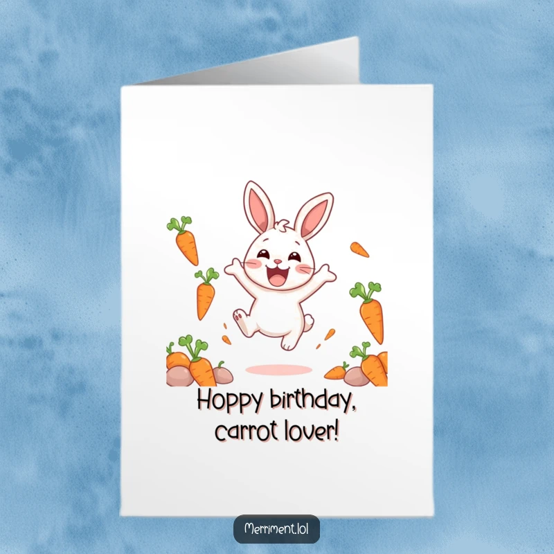 Funny Free Printable Birthday Card: A delighted rabbit gleefully bounces amidst a shower of floating carrots.