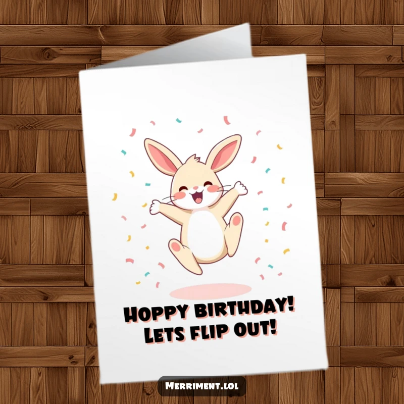 Funny Free Printable Birthday Card: A happy bunny does a cartwheel with confetti flying, celebrating a spectacular day.