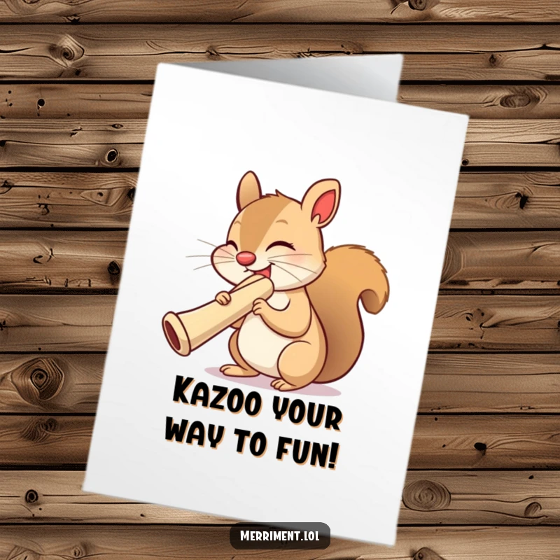 Funny Free Printable Birthday Card: Squirrel joyfully plays an enormous kazoo with eyes closed, spreading musical cheer.