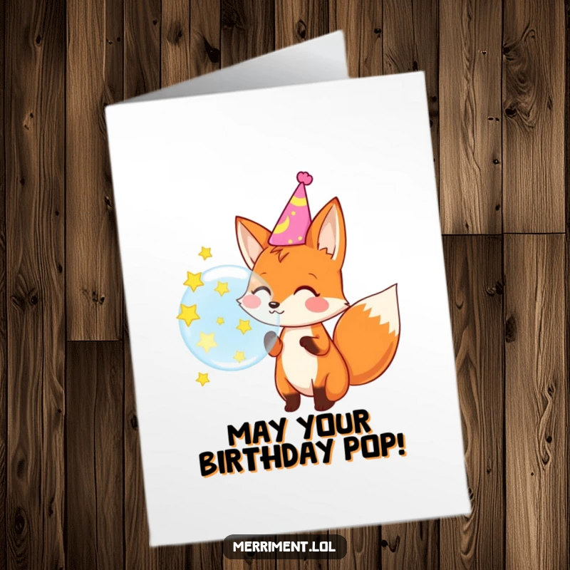 Funny Free Printable Birthday Card: A fox in a party hat blowing a bubble that transforms into stars