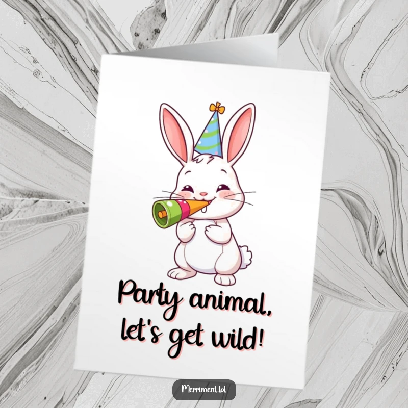 Funny free printable birthday card of a cheerful bunny in a party hat, enthusiastically blowing a huge noisemaker, ready to celebrate.