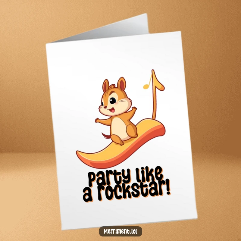 Funny Free Printable Birthday Card: A chipmunk joyfully slides down a giant musical note, celebrating with musical glee.