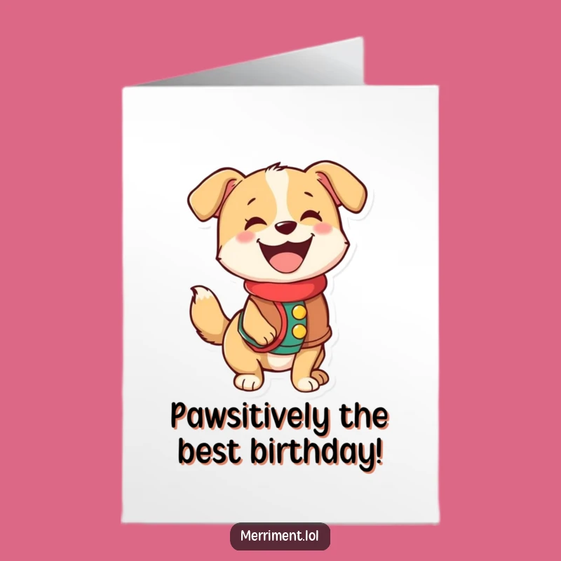 Free Printable Birthday Card: Happy Dog Vest, Wagging Tail Fun Greeting Downloadable Gift