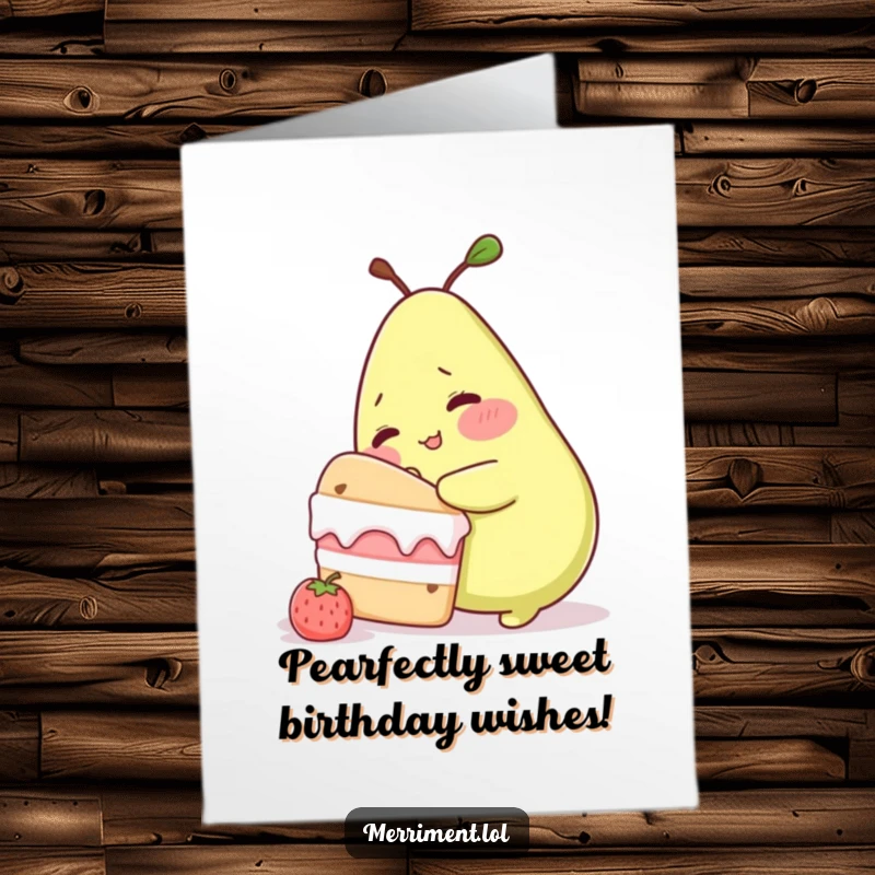 Funny Free Printable Birthday Card: A blushing pear character attempts to sneak a bite from a massive birthday cake with a mischievous grin.