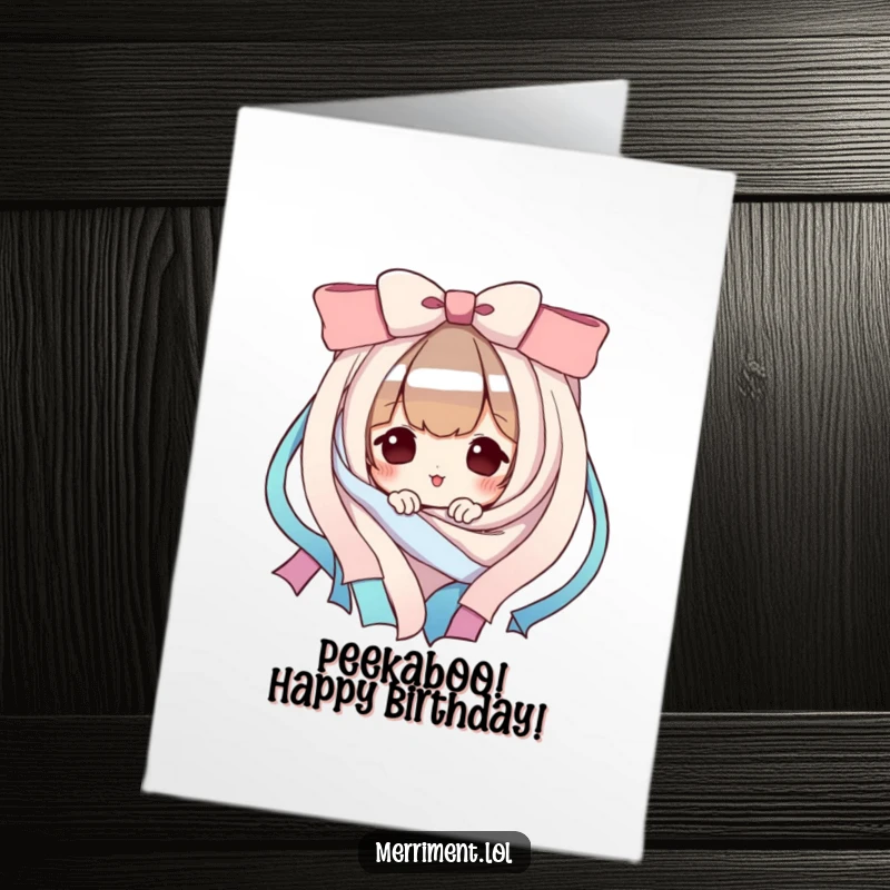 Funny Free Printable Birthday Card: Playful character peeking from behind a cascade of ribbons, festive surprise.