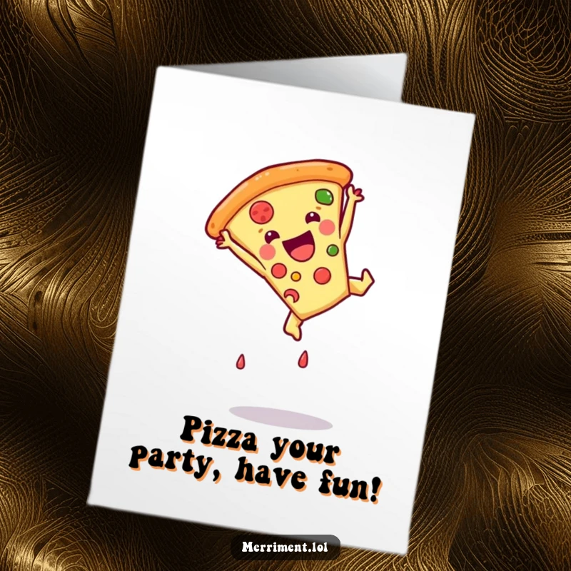 Funny Free Printable Birthday Card: A happy pizza slice doing a cartoon somersault with a big smile, ready to party downloadable art.