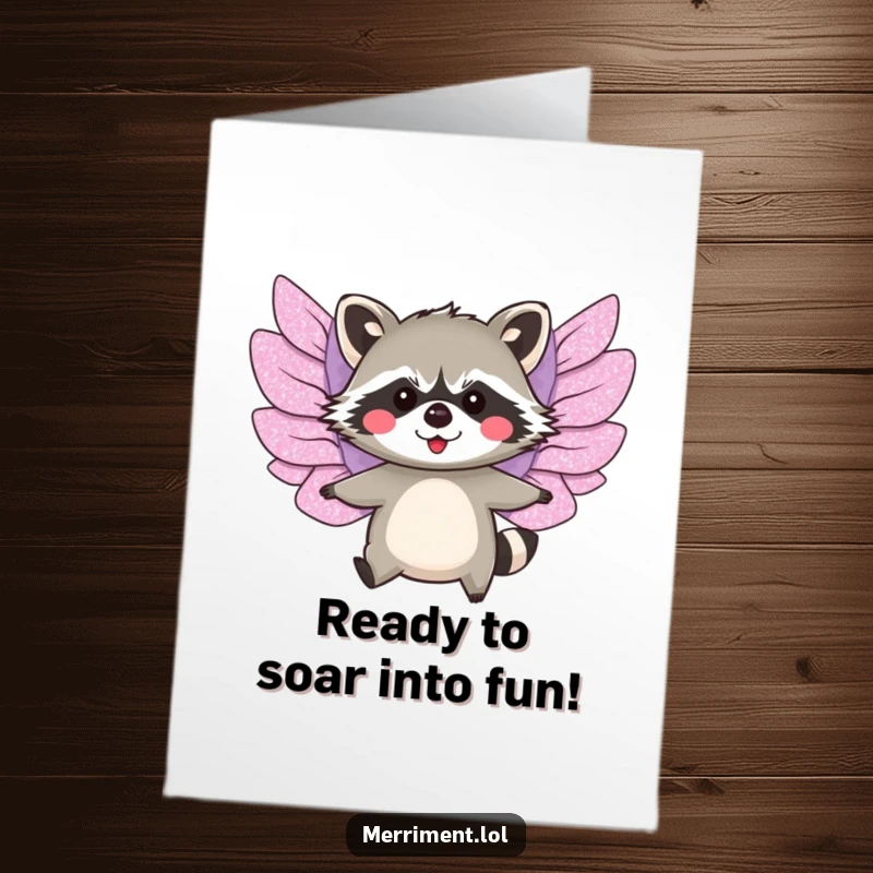 Funny Free Printable Birthday Card: Blushing raccoon character attempting to fly with oversized, glittery paper wings, full of hope.
