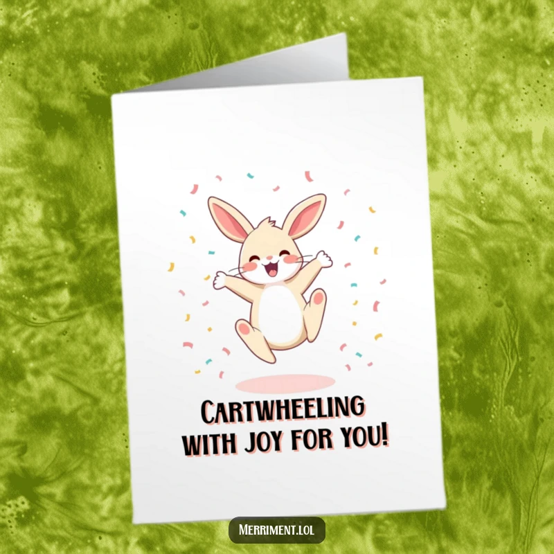 Funny Free Printable Congratulations Card: A happy bunny performs a cartwheel, a confetti storm celebrating a great achievement.