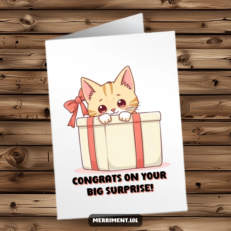 Funny Free Printable Congratulations Card: A curious cat is hiding behind a large gift box. Downloadable gift.