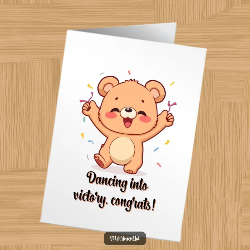 Funny Free Printable Congratulations Card: A bear cub celebrating with streamers and wild dancing