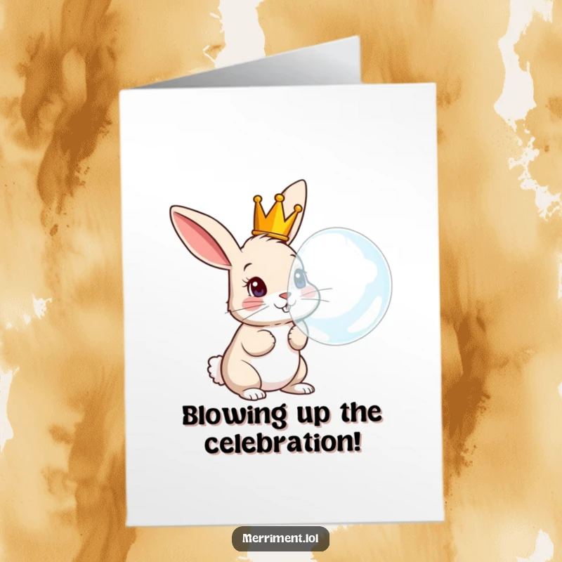 Free Printable Congratulations Card: Royal rabbit with a crown blowing a massive bubble, celebrating achievements.