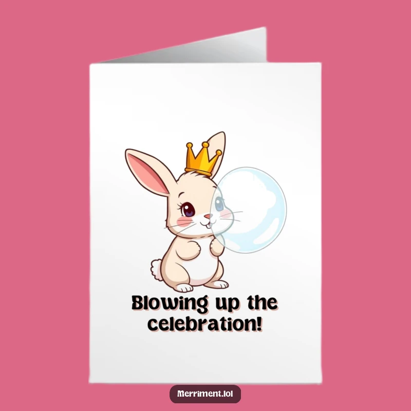 Free Printable Congrats Card: Crowned Rabbit's Bubble Blow Celebration Funny Downloadable Gift