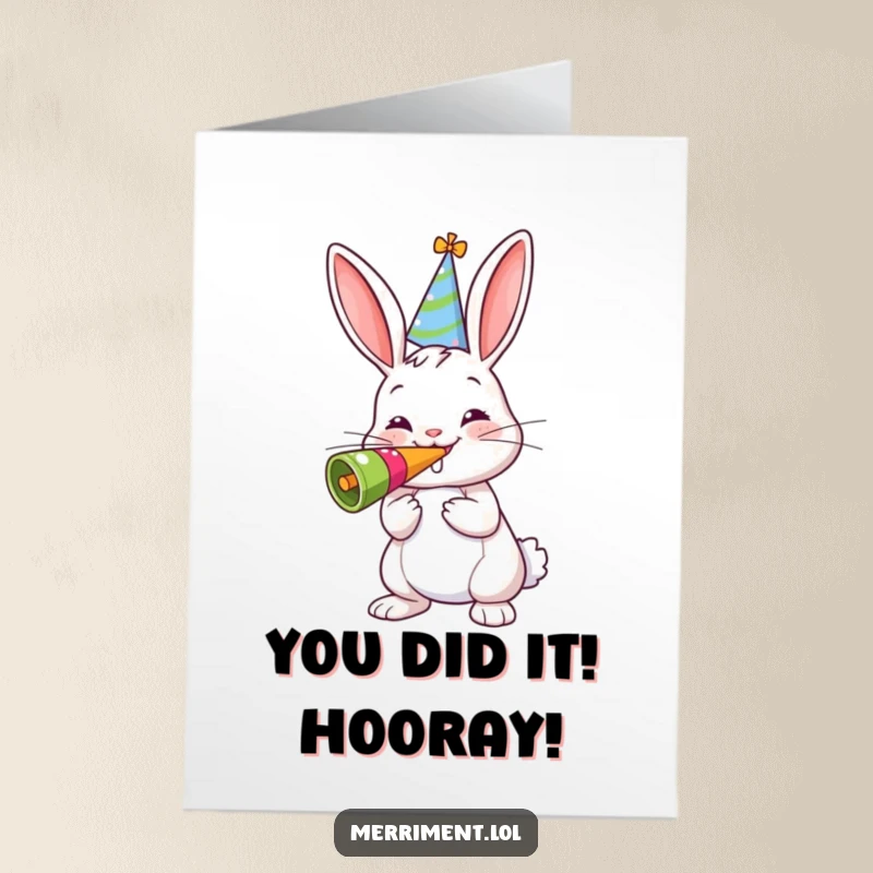 Funny free printable congratulations card featuring a cheerful bunny in a party hat, blowing a massive noisemaker for a loud celebration.