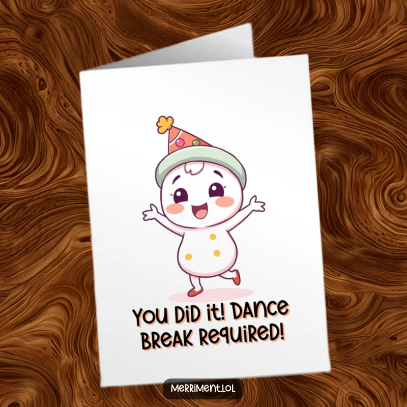 Funny Free Printable Congrats Card: Character in festive hat doing a joyful jig, celebrating success.