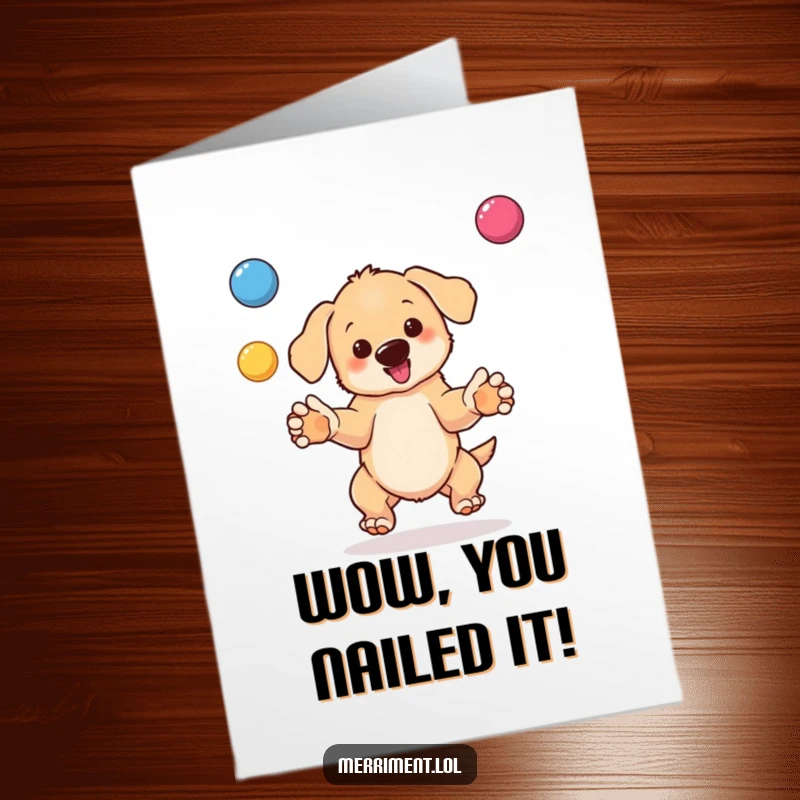 Funny Free Printable Congratulations Card: Energetic puppy artistically juggling vibrant balls to celebrate success.