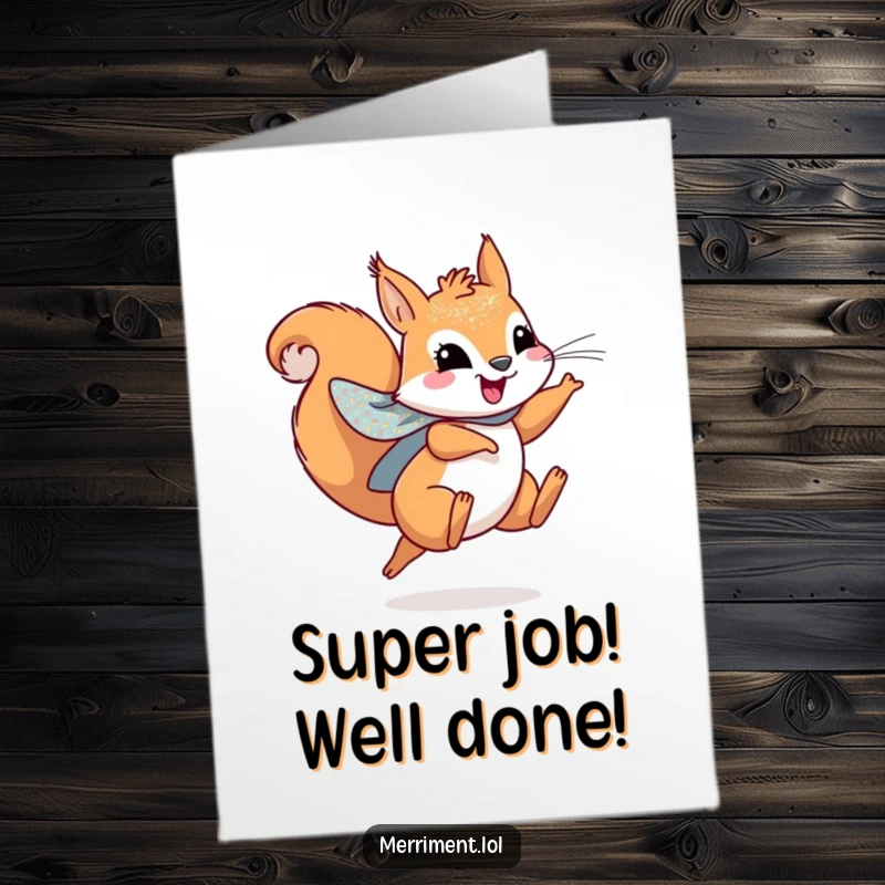 Funny free printable congratulations card featuring a playful squirrel wearing a sparkly cape, mid-leap with joyful exuberance.
