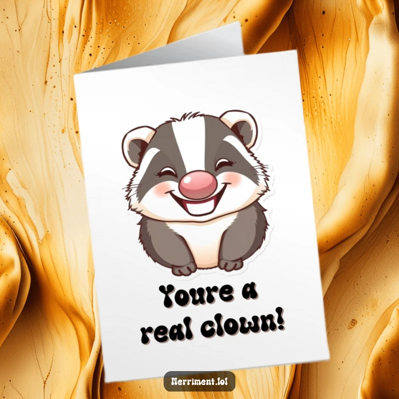 Funny Free Printable Congrats Card: Grinning badger clown making faces, celebrating wins with downloaded humor.