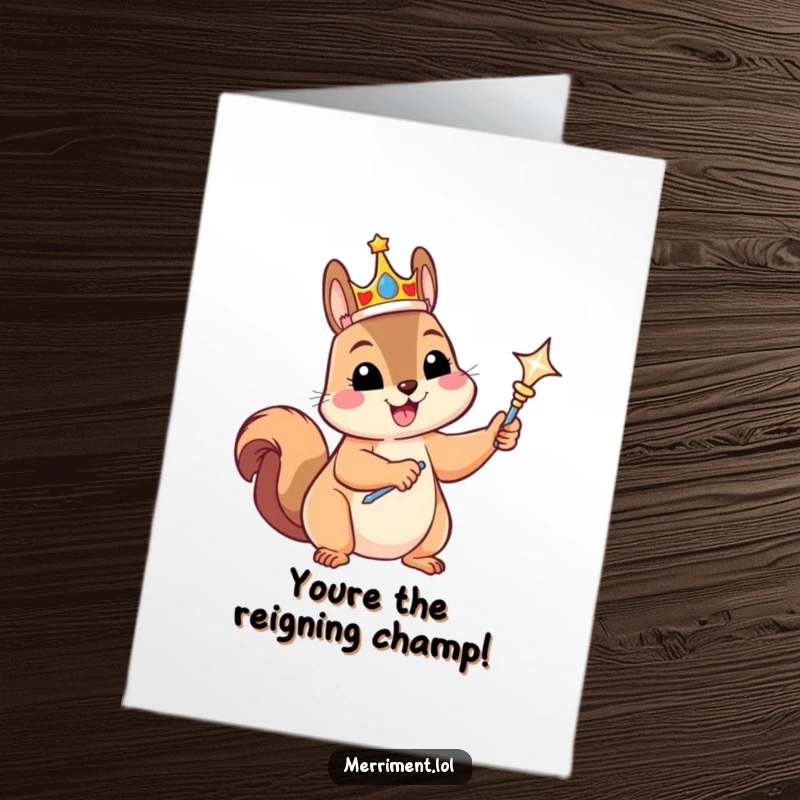 Funny Free Printable Congratulations Card: A gleeful squirrel wears a crown and holds a scepter, celebrating a noble achievement.