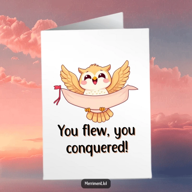 Funny Free Printable Congratulations Card showing a happy owl soaring with a celebratory banner for a unique gift.
