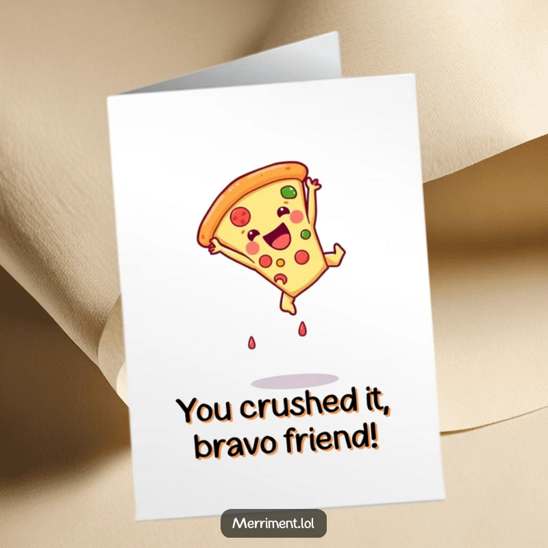 Funny Free Printable Congratulations Card: A cheerful pizza slice in mid-somersault, celebrating a big win, downloadable art for any occasion.