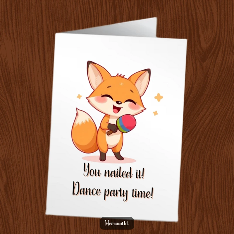 Funny Free Printable Congratulations Card: A hilarious fox performing a silly dance with giant maracas, perfect for any celebration.
