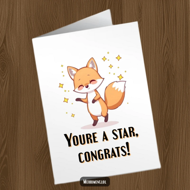Funny Free Printable Congratulations Card: A playful fox dances with twinkling stars, celebrating a bright success.