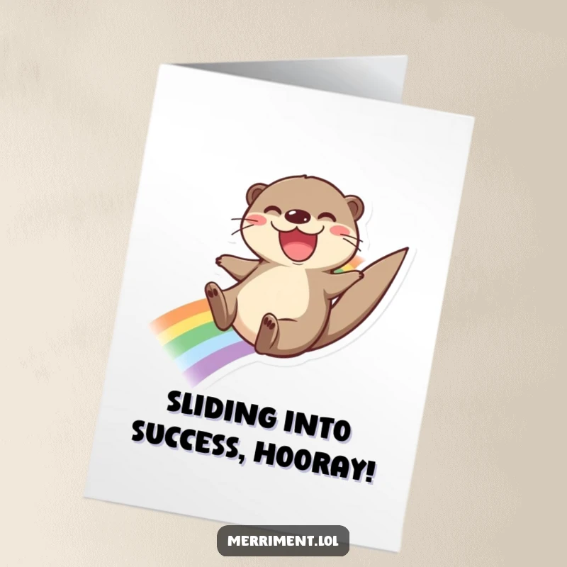 Funny Free Printable Congratulations Card: A joyful otter slides down a rainbow, celebrating a wonderful achievement.