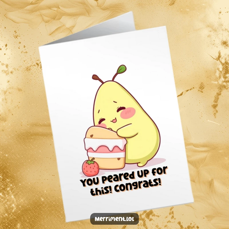 Free Printable Congratulations Card: A shy pear character tries to sneak a bite from an enormous cake, symbolizing a sweet reward.