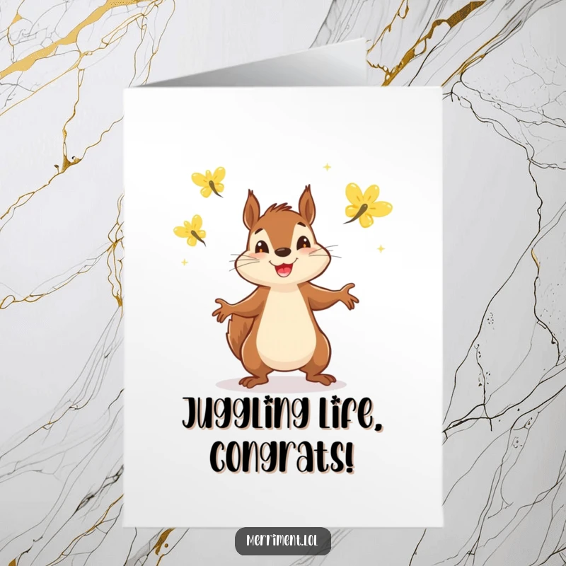 Funny Free Printable Congratulations Card: A squirrel skillfully juggling sparkling fireflies in celebration