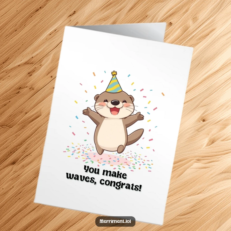 Funny Free Printable Congrats Card: A happy otter wearing a party hat jumps gleefully in a pile of confetti.