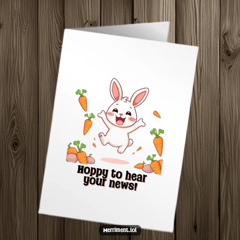 Funny Free Printable Congratulations Card: An ecstatic rabbit bounces high, showered by celebratory floating carrots of success.