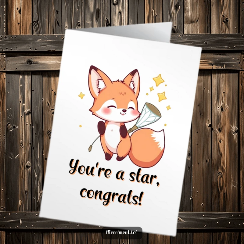 Funny free printable congratulations card featuring a playful fox catching falling stars in a net.