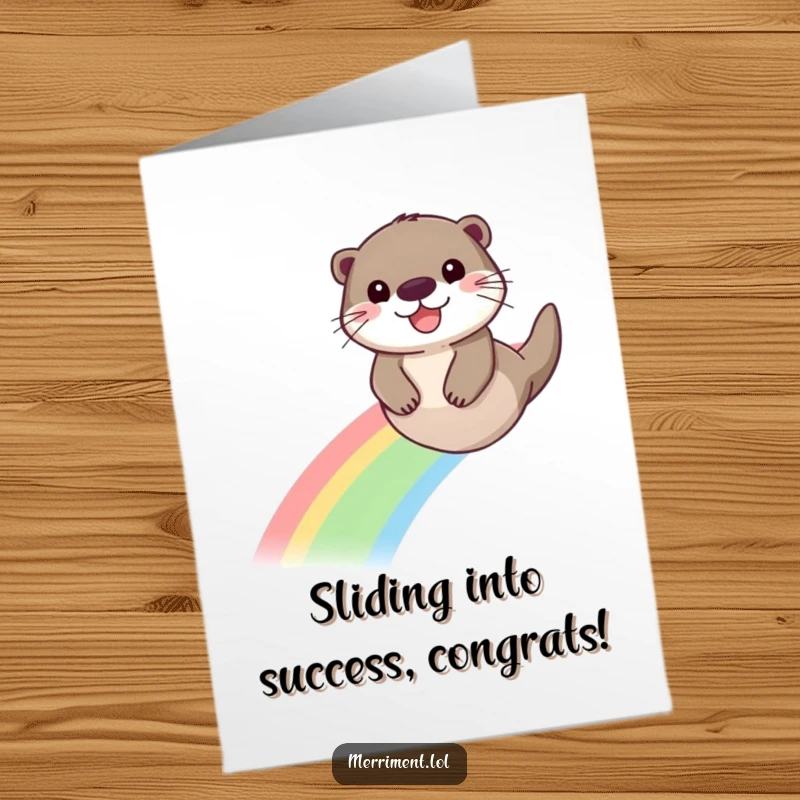 Funny Free Printable Congratulations Card: An otter beaming with joy while sliding down a colorful rainbow