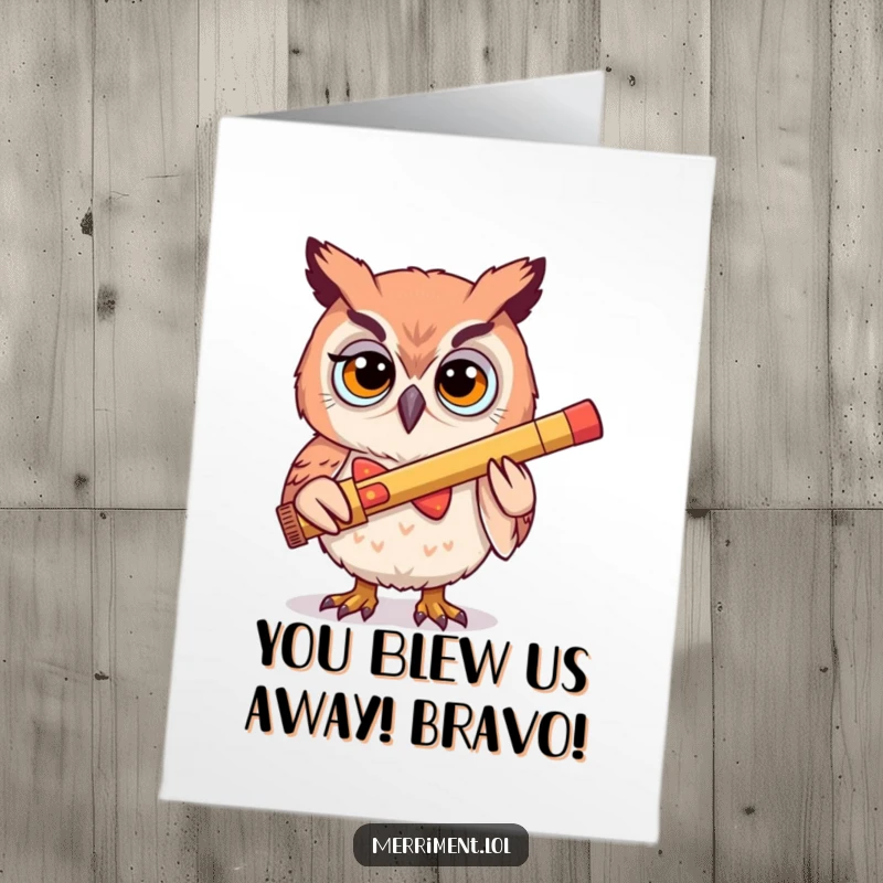 Funny Free Printable Congratulations Card: A determined owl wearing a silly bowtie plays a giant kazoo, celebrating success with gusto.