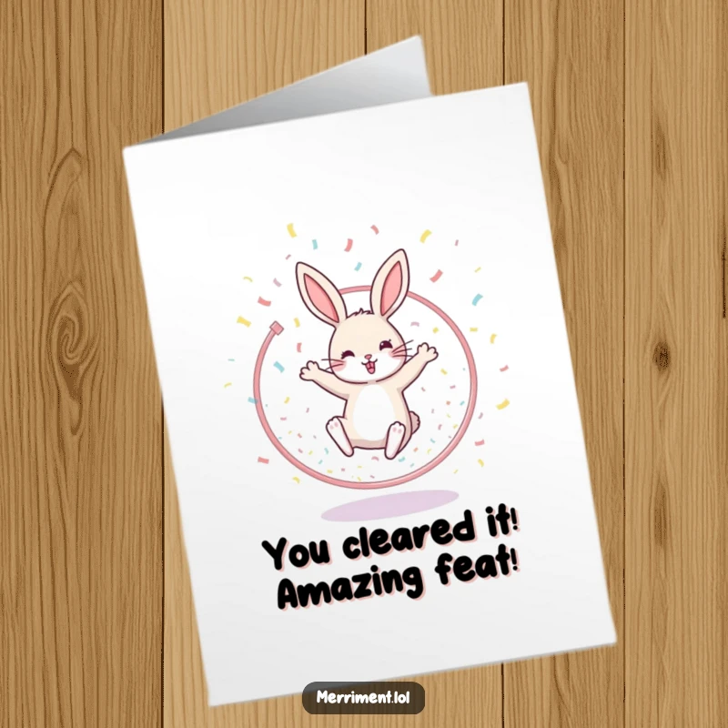 Funny Free Printable Congratulations Card: A happy rabbit mid-leap through a hoop, with confetti raining down, celebrating achievements.
