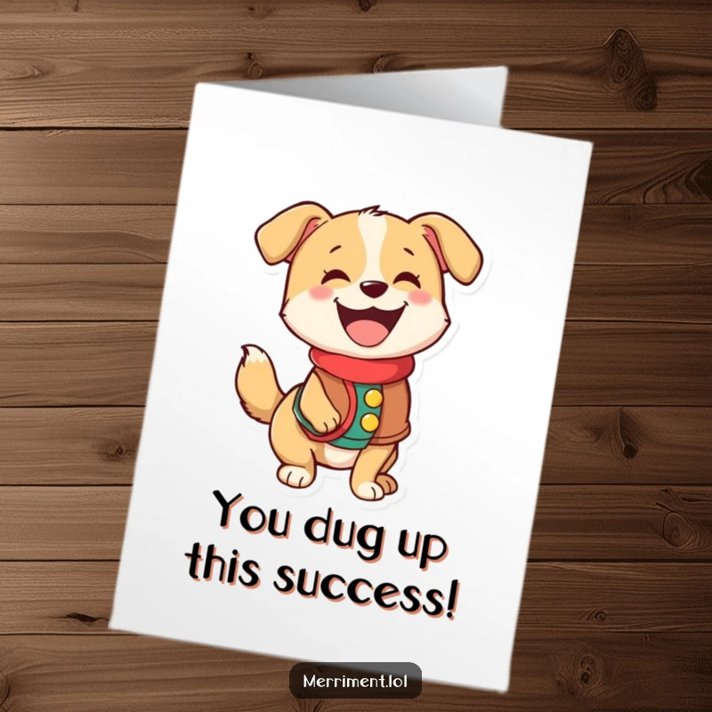 Funny Free Printable Congratulations Card: A happy dog wearing a festive vest, wagging its tail excitedly, ideal downloadable art.