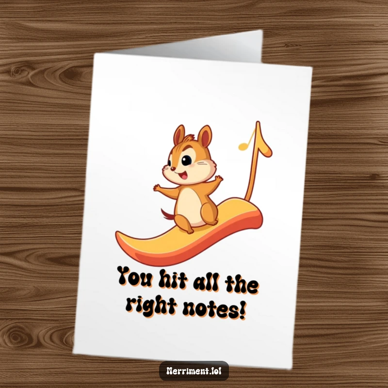 Funny Free Printable Congratulations Card: A chipmunk rides a giant musical note like a slide, expressing pure joy at their success.