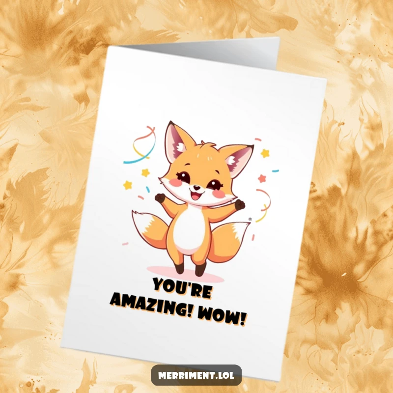 Funny free printable congratulations card depicting a happy fox cub joyfully dancing, surrounded by a cascade of colorful streamers.