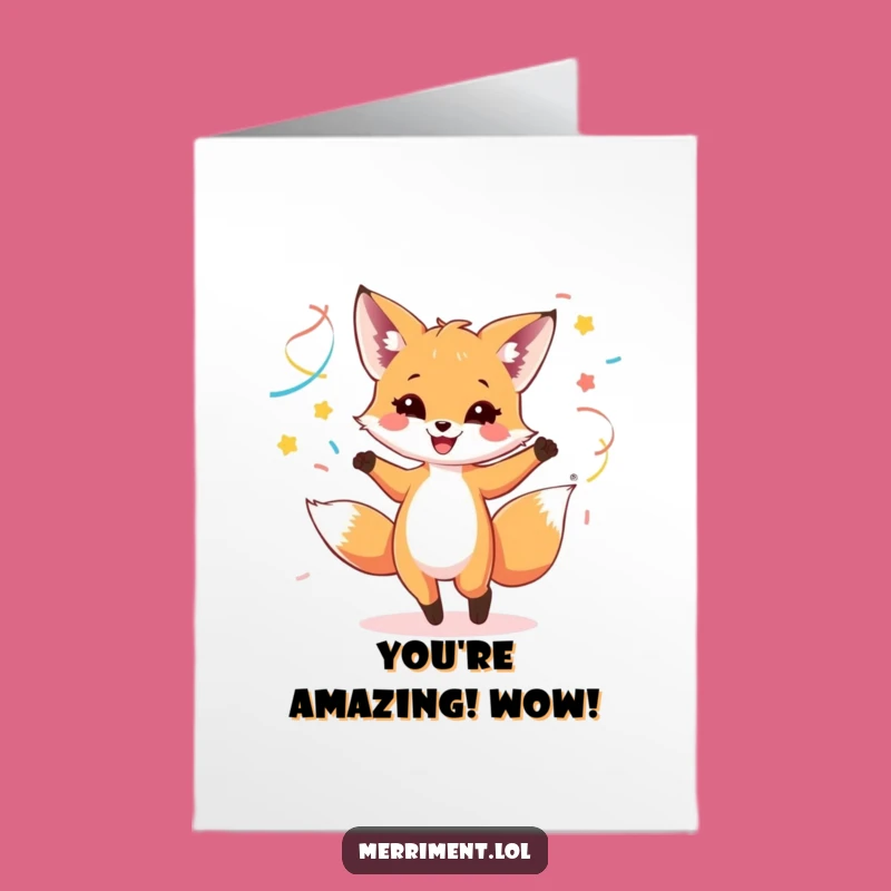 Free Printable Congrats Card: Dancing Fox Cub Streamers - Joyful Downloadable Art