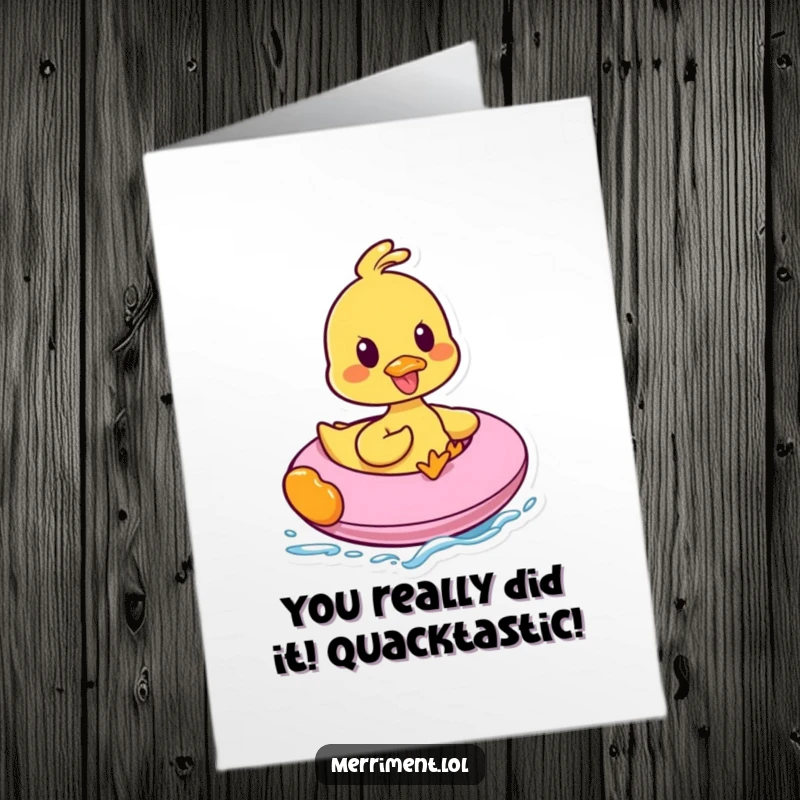Funny Free Printable Congratulations Card showing a happy duck character celebrating on a bouncy inflatable.