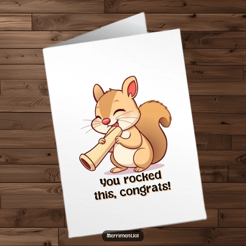 Funny Free Printable Congratulations Card: Ecstatic squirrel blasts a huge kazoo, celebrating your big win with gusto.