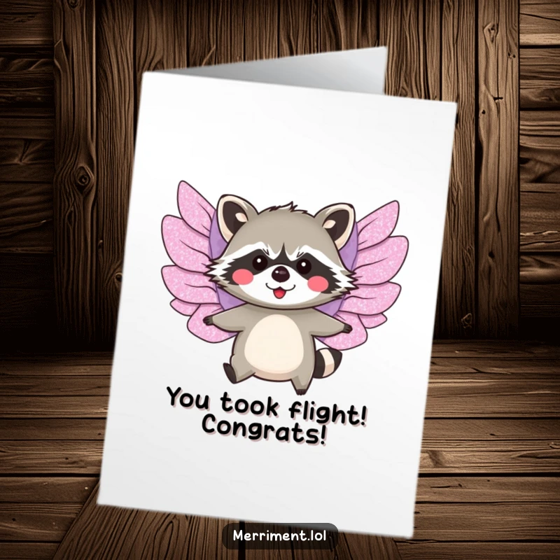 Funny Free Printable Congratulations Card: Blushing raccoon character flying with glittery wings, celebrating a major achievement.