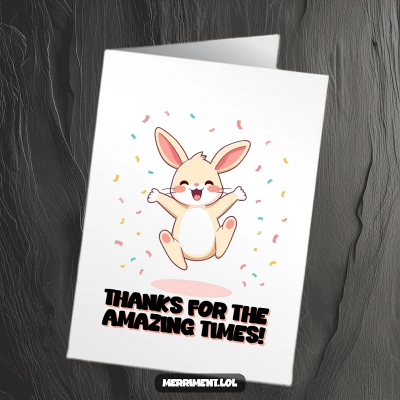Funny Free Printable Thank You Card: A happy bunny executes a cartwheel, showering thanks with animated confetti.